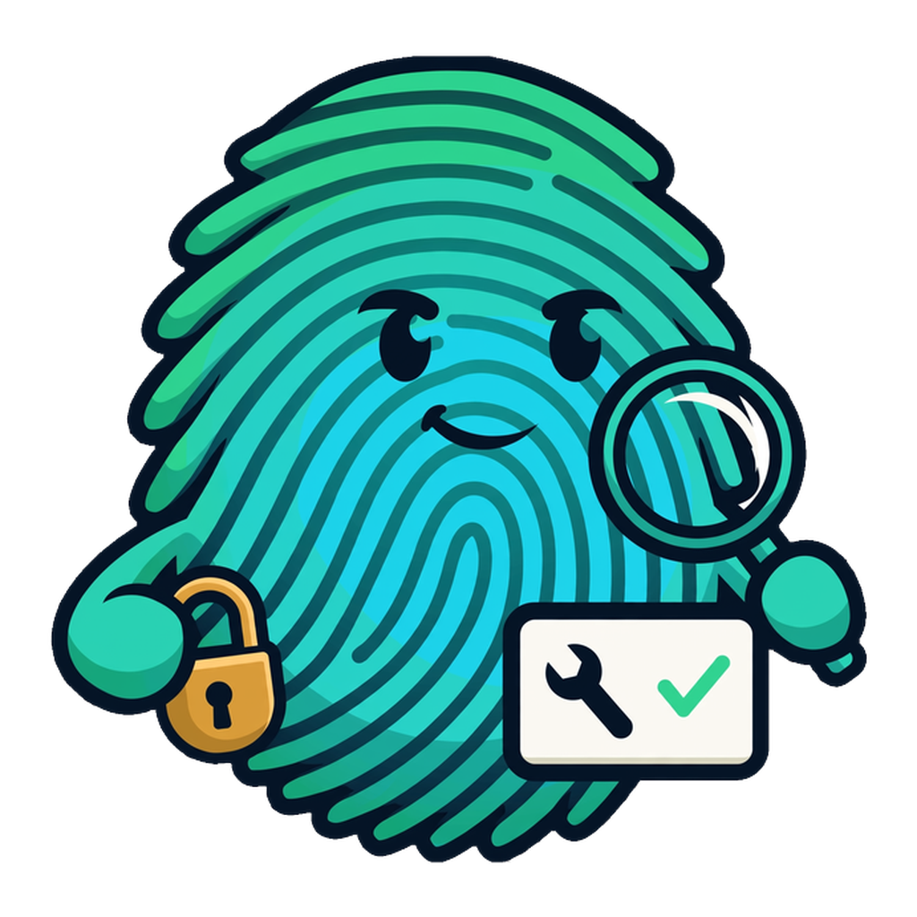 The toolprint fingerprint guardian inspects a tool identity card with a magnifying glass, padlock in hand.